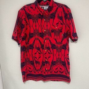 LRG Mens Red‎ Tribal Giraffe Print Short Sleeve Button Up Shirt Size Large